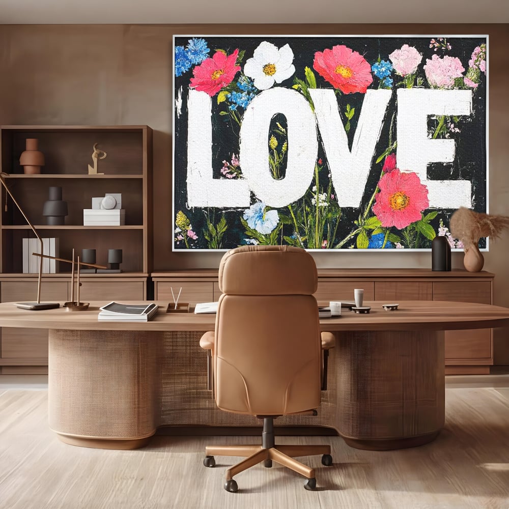 Tablou canvas cu tablou canvas cu flori si cuvantul love, in rama de aluminiu argintiu, pe perete intr-un birou